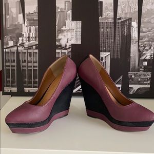 WINE AND BLACK WEDGE HEELS